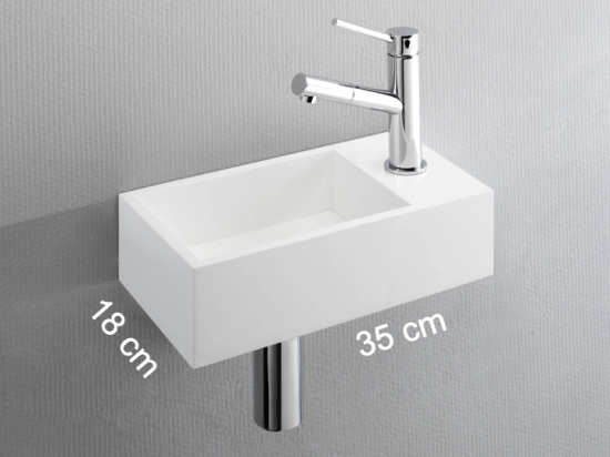 Lave-mains pour toilettes, évacuation dissimulée et de lignes épurées, résine Solid-Surface BENESTONE® blanc mat, Largeur 35 cm, P. 18 cm, H. 12 cm, Livraison 5-7 jours OFFERTE.